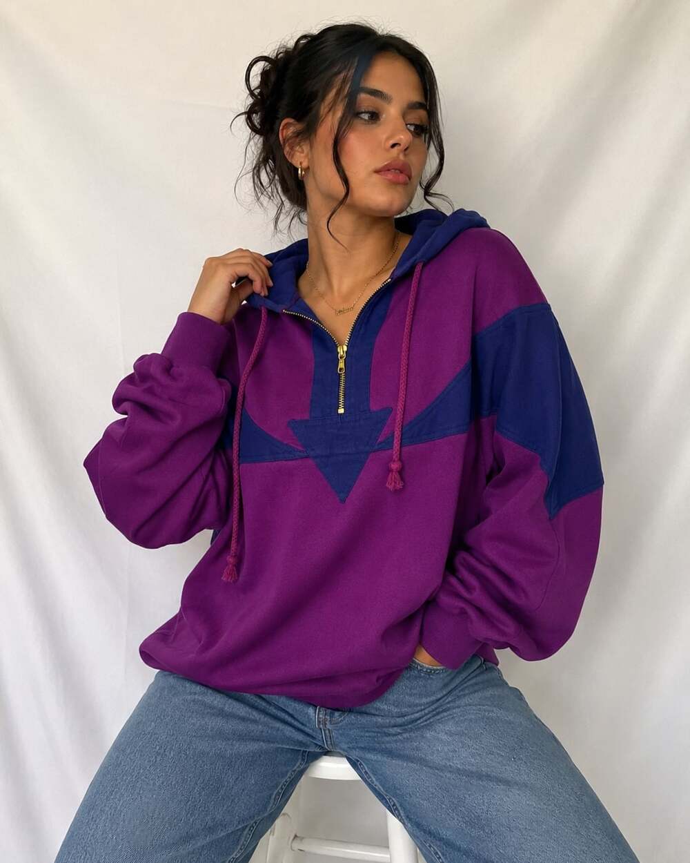 Vintage Todays News 90s Colorblock Quarter-Zip Pullover Hoodie